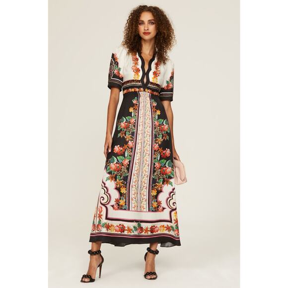 SALONI Tabitha 100% Silk Black Red A-Line Skirt Cutout Scalloped Bodice Dress 8 - Picture 3 of 15